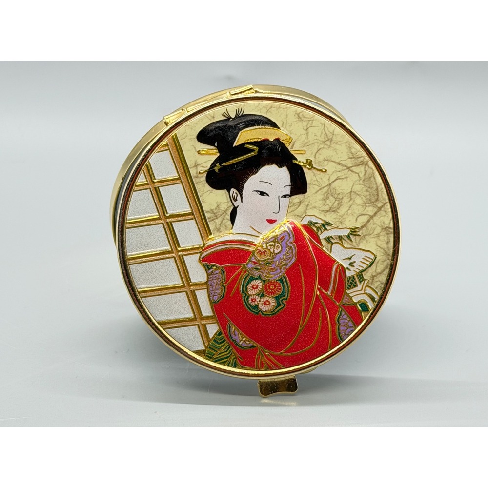 Japanese Enamel Geisha Compact Mirror Gold Tone Enamel Vanity Purse Compact